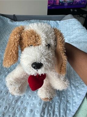 Plush Dog Toy with Red Heart - Tan and White